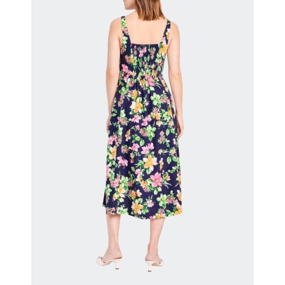 Old Navy Womens Navy Blue Floral Fit & Flare Linen Blend Midi Dress Size Medium - Picture 2 of 14